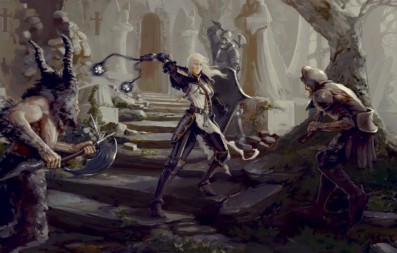 Photo wallpaper girl, Diablo 3, battle, crusader, Diablo 3: Reaper of Souls