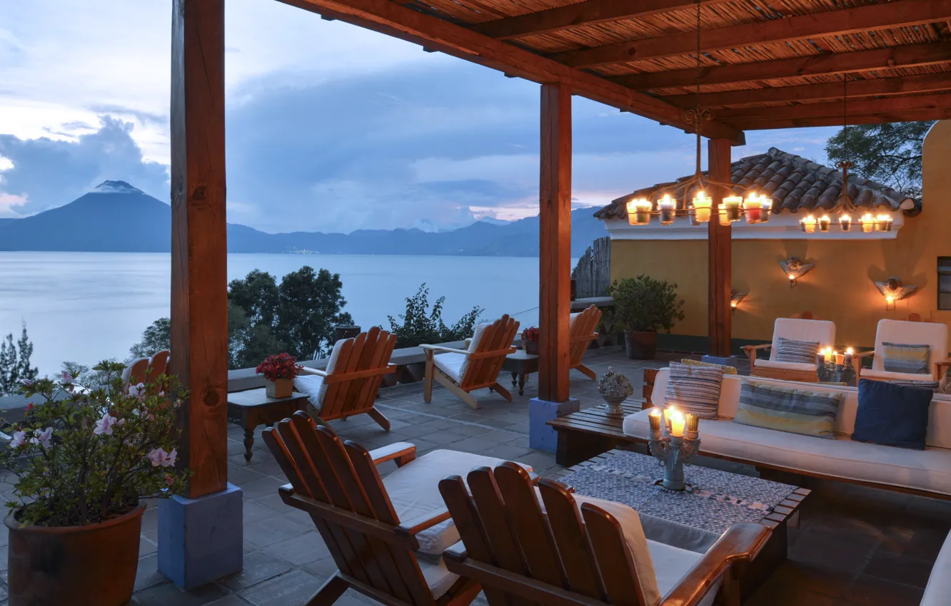 Photo wallpaper the city, chair, the evening, candles, resort, terrace