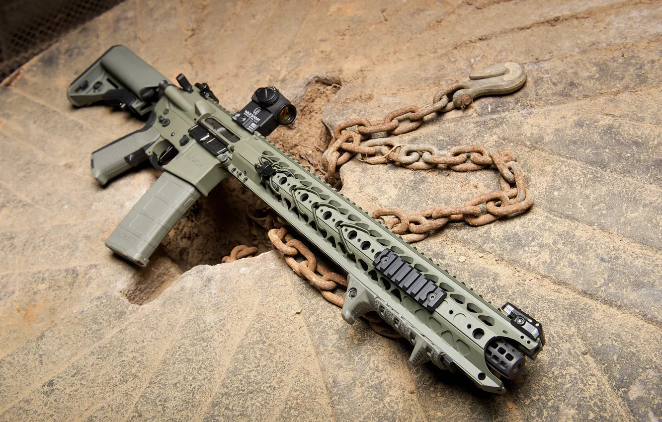 Photo wallpaper weapons, chain, carabiner, assault rifle