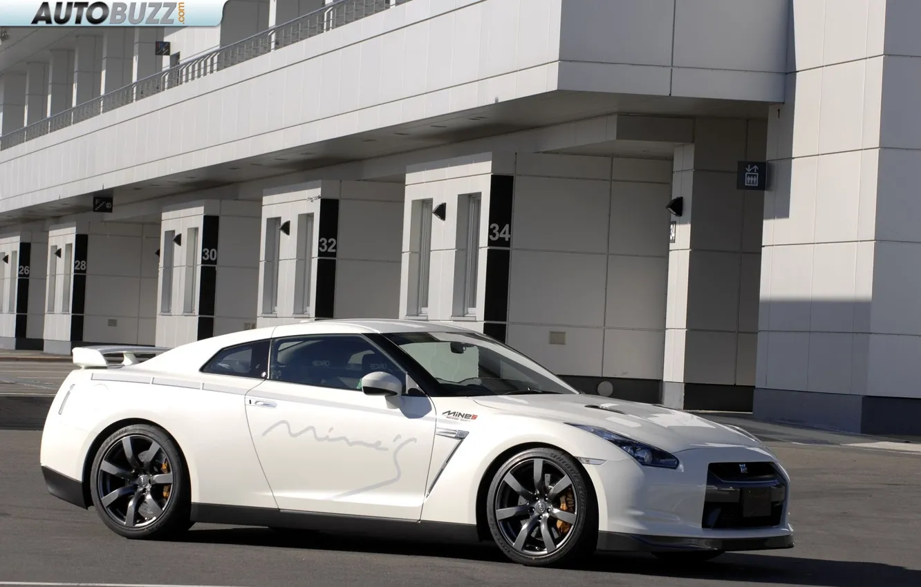 Photo wallpaper white, the building, sports car, Nissan GTR