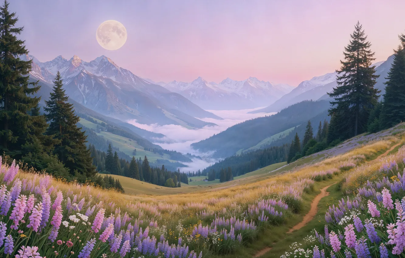 Photo wallpaper field, flowers, mountains, nature, field, landscape, mountains