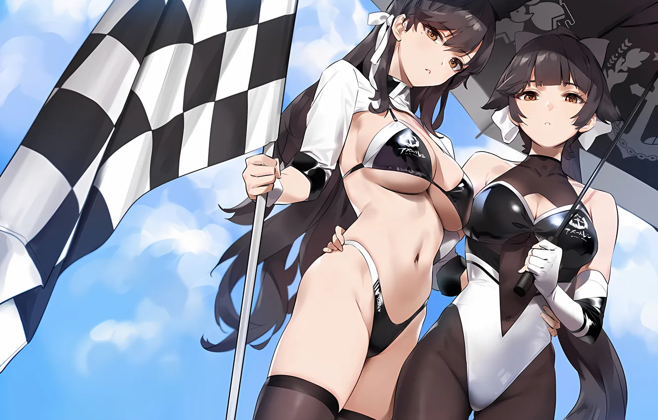 Photo wallpaper sexy, cleavage, thighhighs, long hair, girls, boobs, umbrella, anime