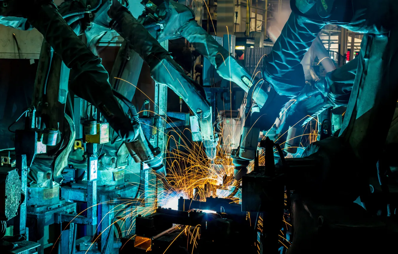 Photo wallpaper sparks, robotics, welders, Industry