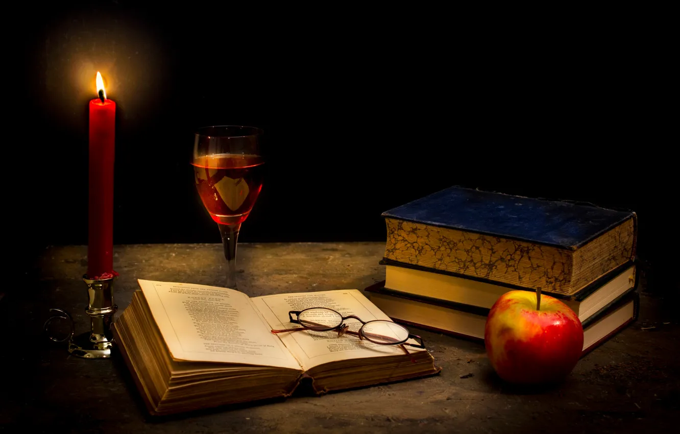 Photo wallpaper glass, books, Apple, candle, glasses, Tranquillity in the dark