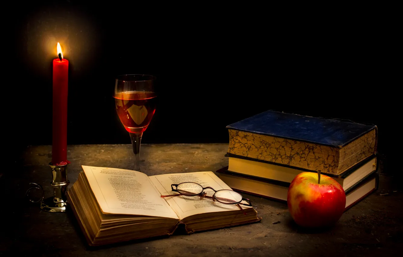 Photo wallpaper apples, glass, candles, glasses, book, Tranquillity in the dark
