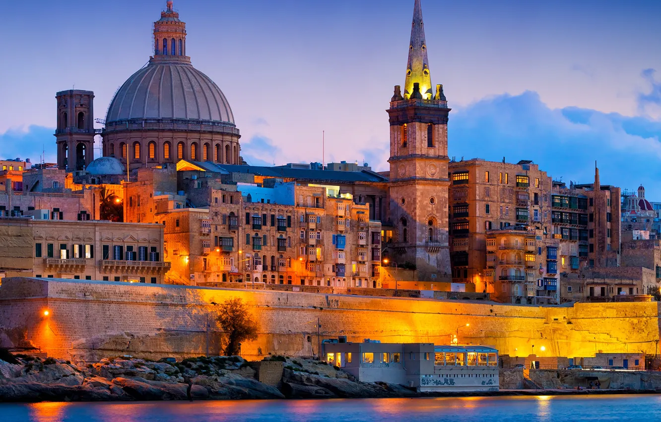 Photo wallpaper sea, night, lights, building, Malta, Valletta