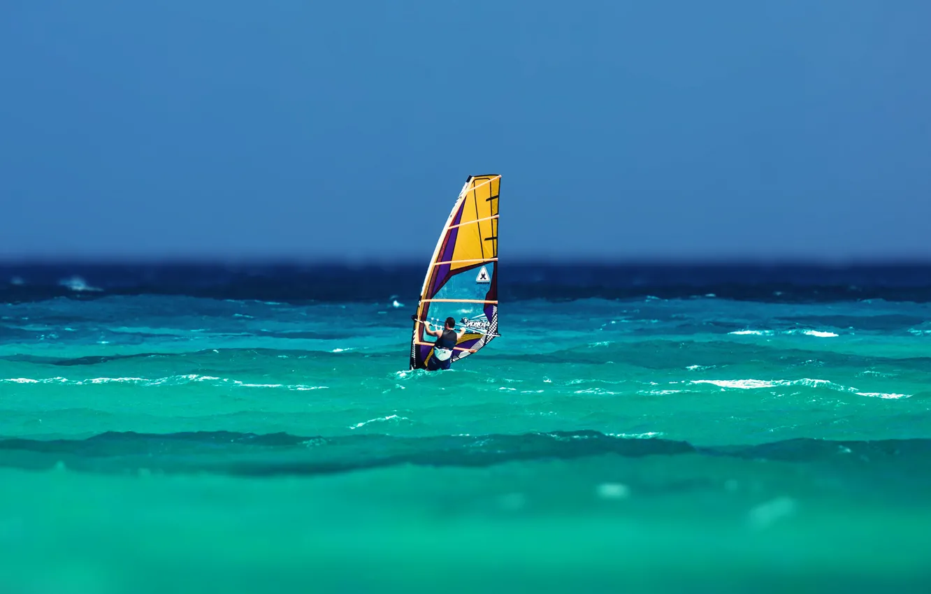Photo wallpaper sea, wave, the sky, the wind, sail, Board, Windsurfing