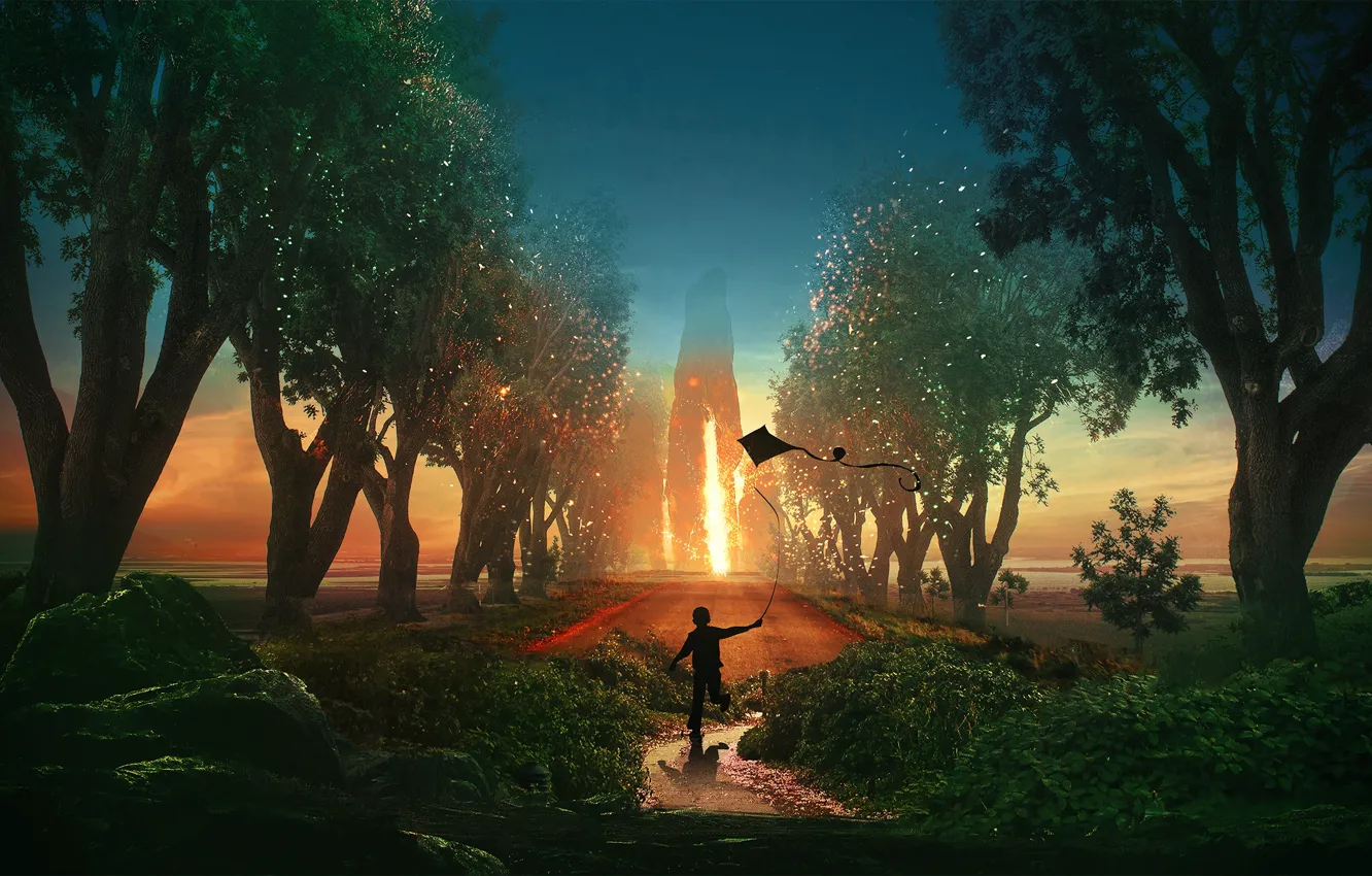 Photo wallpaper trees, fantasy, fire, boy, art, kite