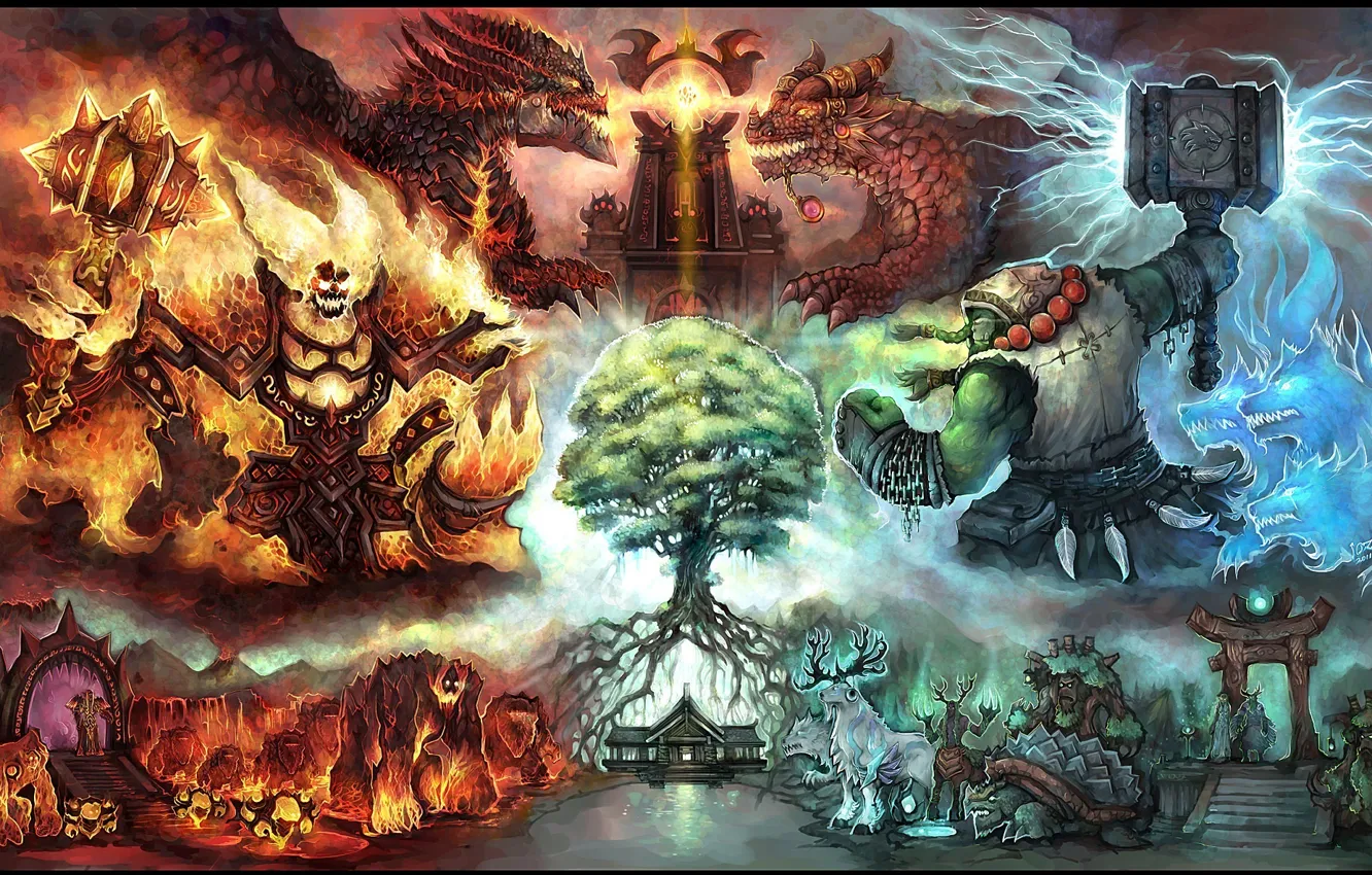 Photo wallpaper the opposition, destruction, Orc, wow, cataclysm, Deathwing, Thrall, Thrall