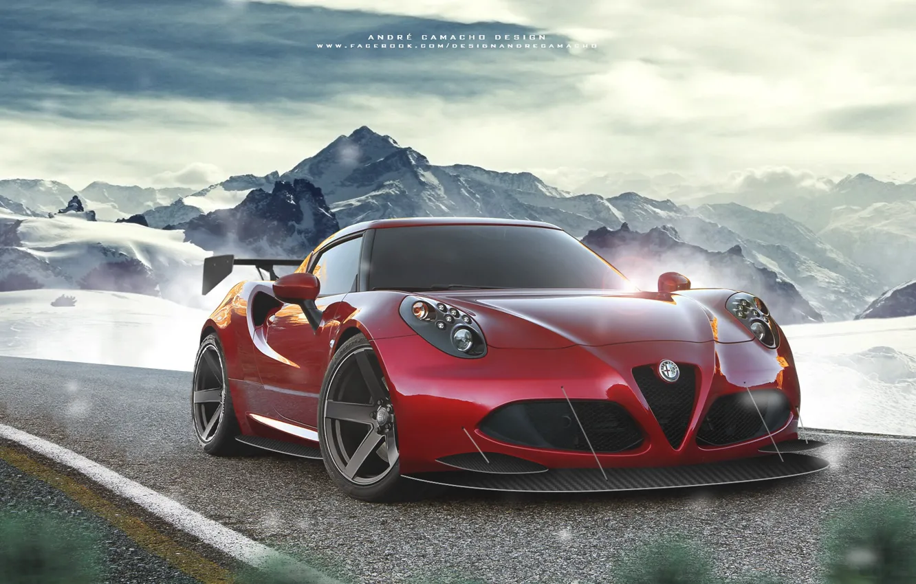 Photo wallpaper road, snow, mountains, car, Alfa Romeo 4C