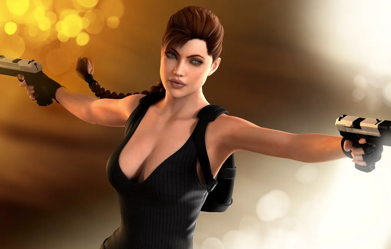 Photo wallpaper girl, glare, rendering, gun, background, Angelina Jolie, Tomb Raider, 3D model