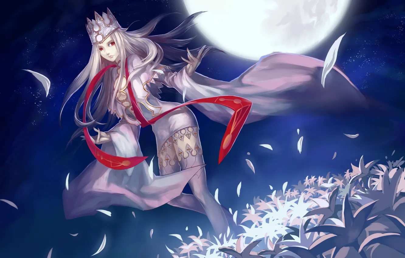 Photo wallpaper look, girl, flowers, the moon, gesture, art, iris a lot of einzbern, fate/zero