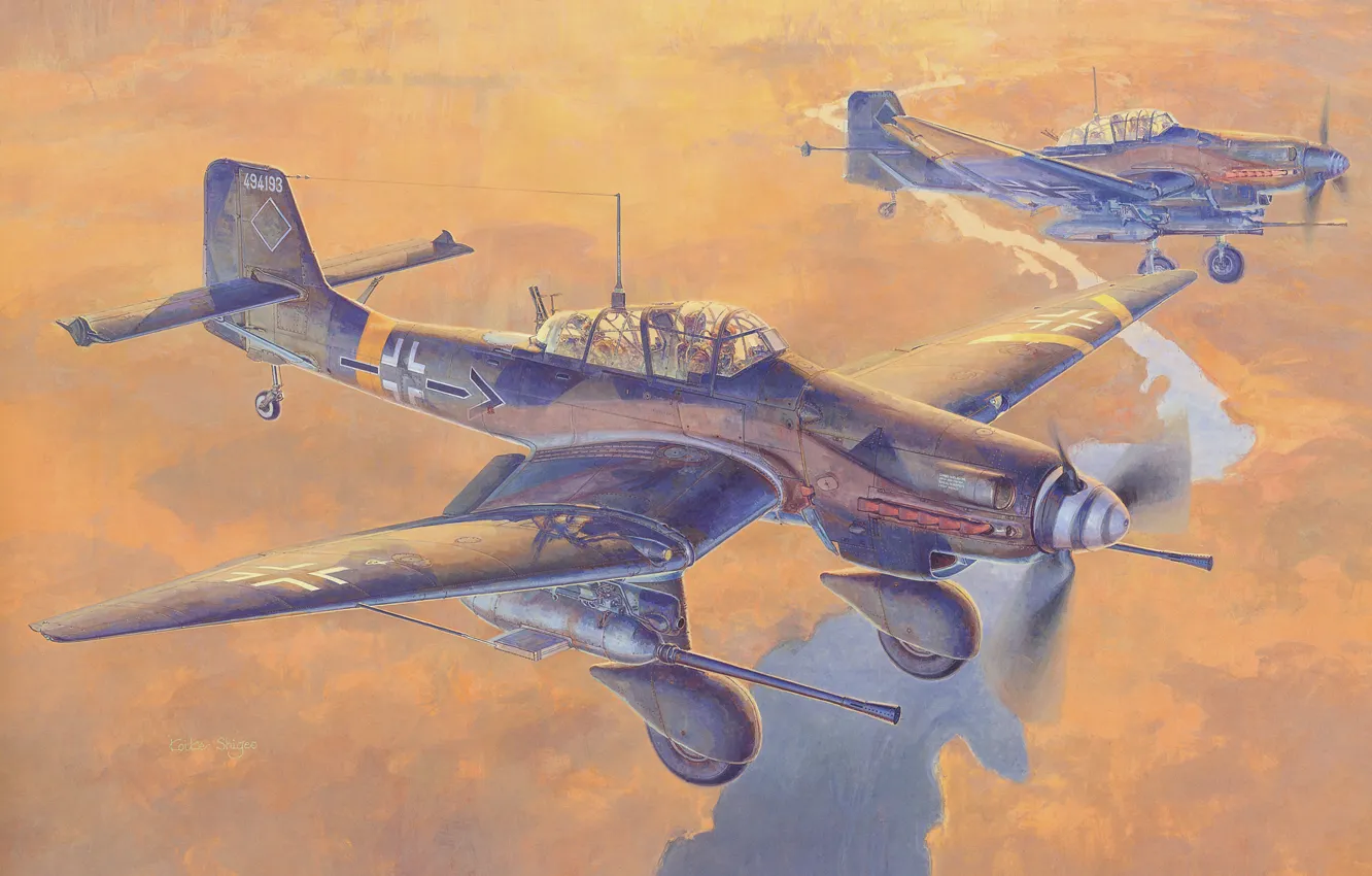 Photo wallpaper the sky, river, earth, figure, art, gun, bomber, German