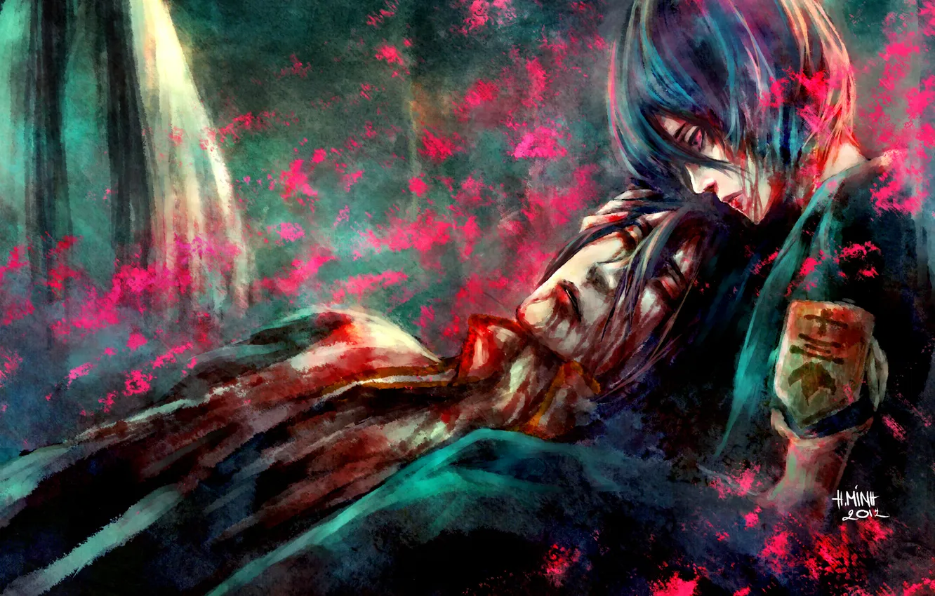 Photo wallpaper girl, blood, guy, Bleach, Bleach, art, wounds, kuchiki rukia
