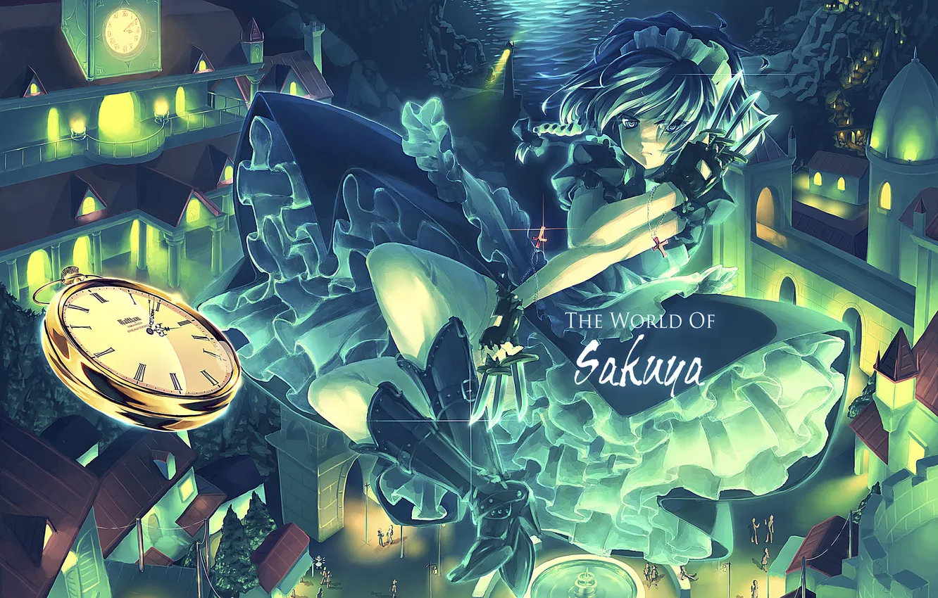 Photo wallpaper girl, night, the city, lights, the moon, watch, home, art