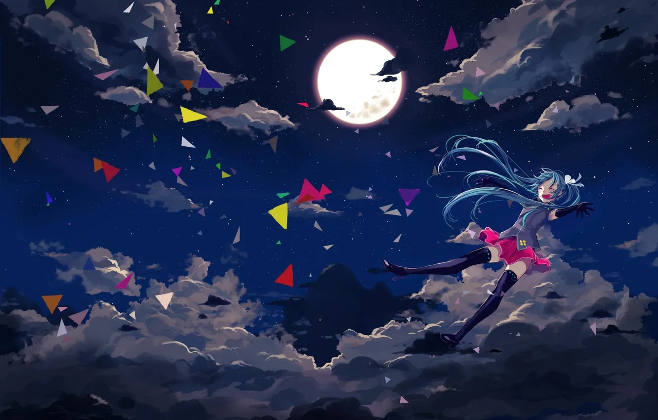 Photo wallpaper the sky, stars, clouds, joy, paper, the moon, art, girl