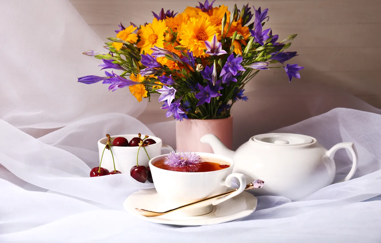 Photo wallpaper FLOWERS, TEA, FRUIT, KETTLE