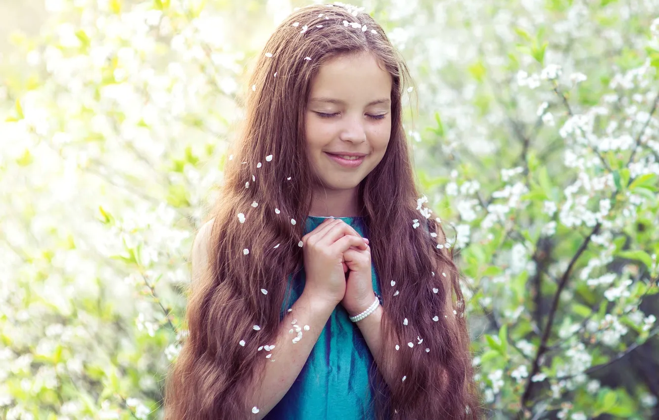 Photo wallpaper trees, cherry, hands, petals, girl, long hair, closed eyes, Dreamer