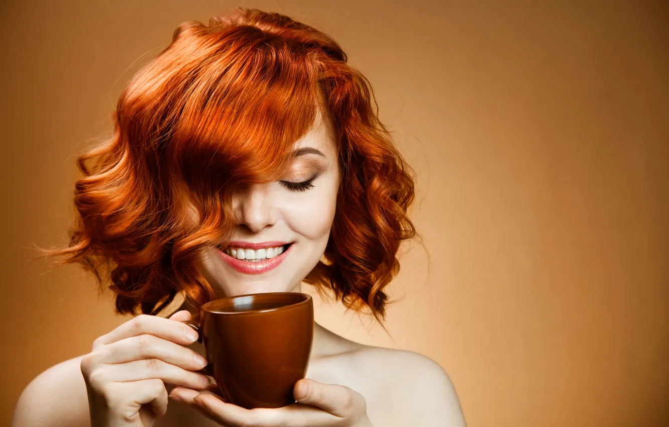 Photo wallpaper girl, smile, coffee, Cup, red, drink, hairstyle
