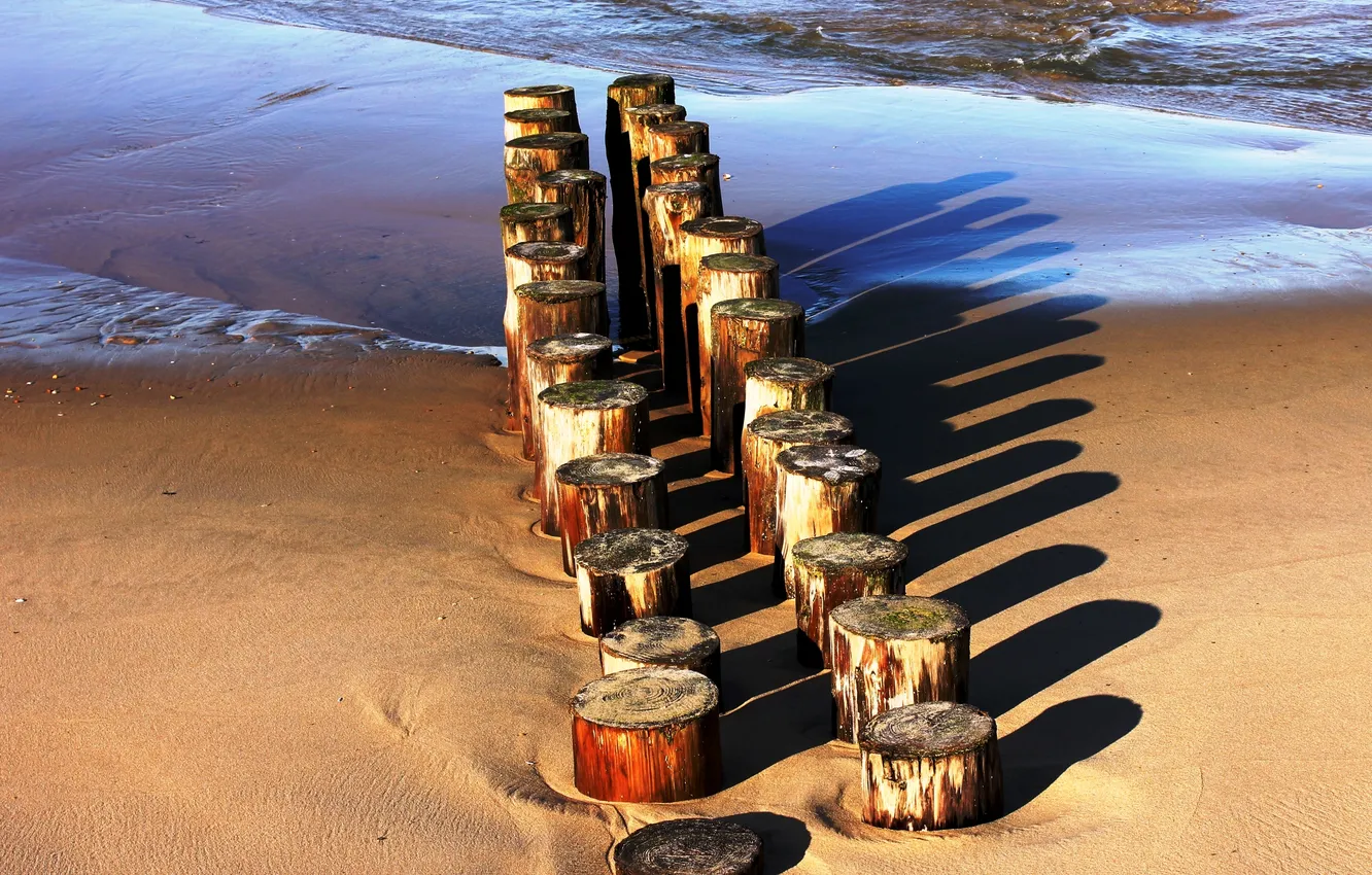 Photo wallpaper sand, sea, shadow, stump, a number, log, hemp, columns