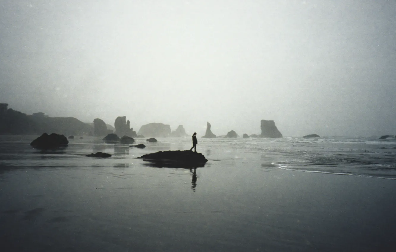 Photo wallpaper waves, girl, beach, sea, rocks, fog, seaside, mist
