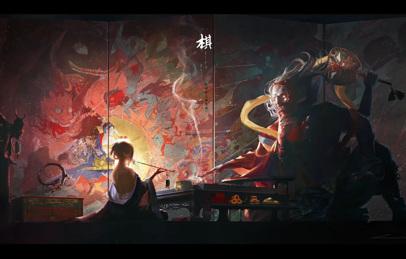 Photo wallpaper Japanese, the demon, geisha, characters, screen, in the dark, from the back, youkai