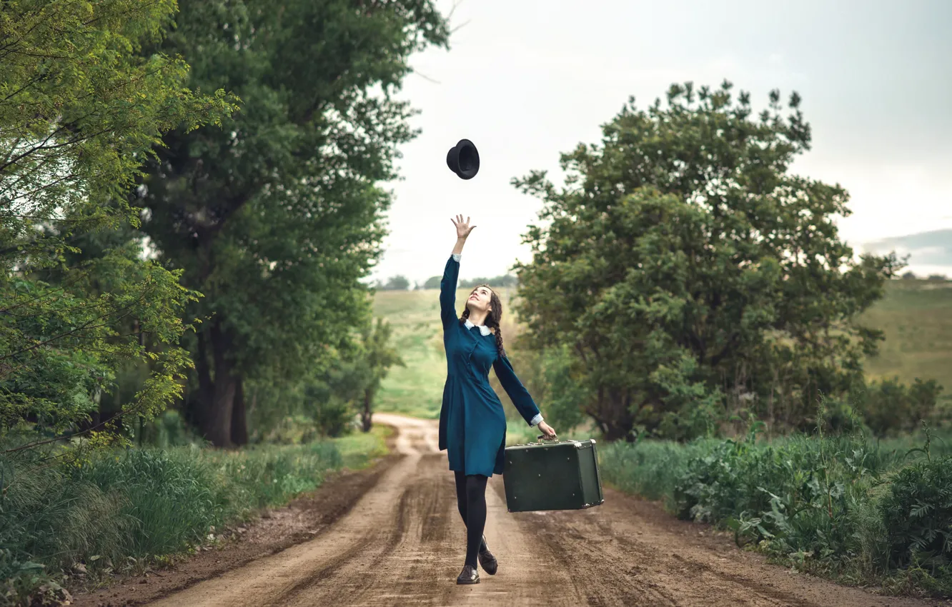 Photo wallpaper road, girl, dress, suitcase, hat