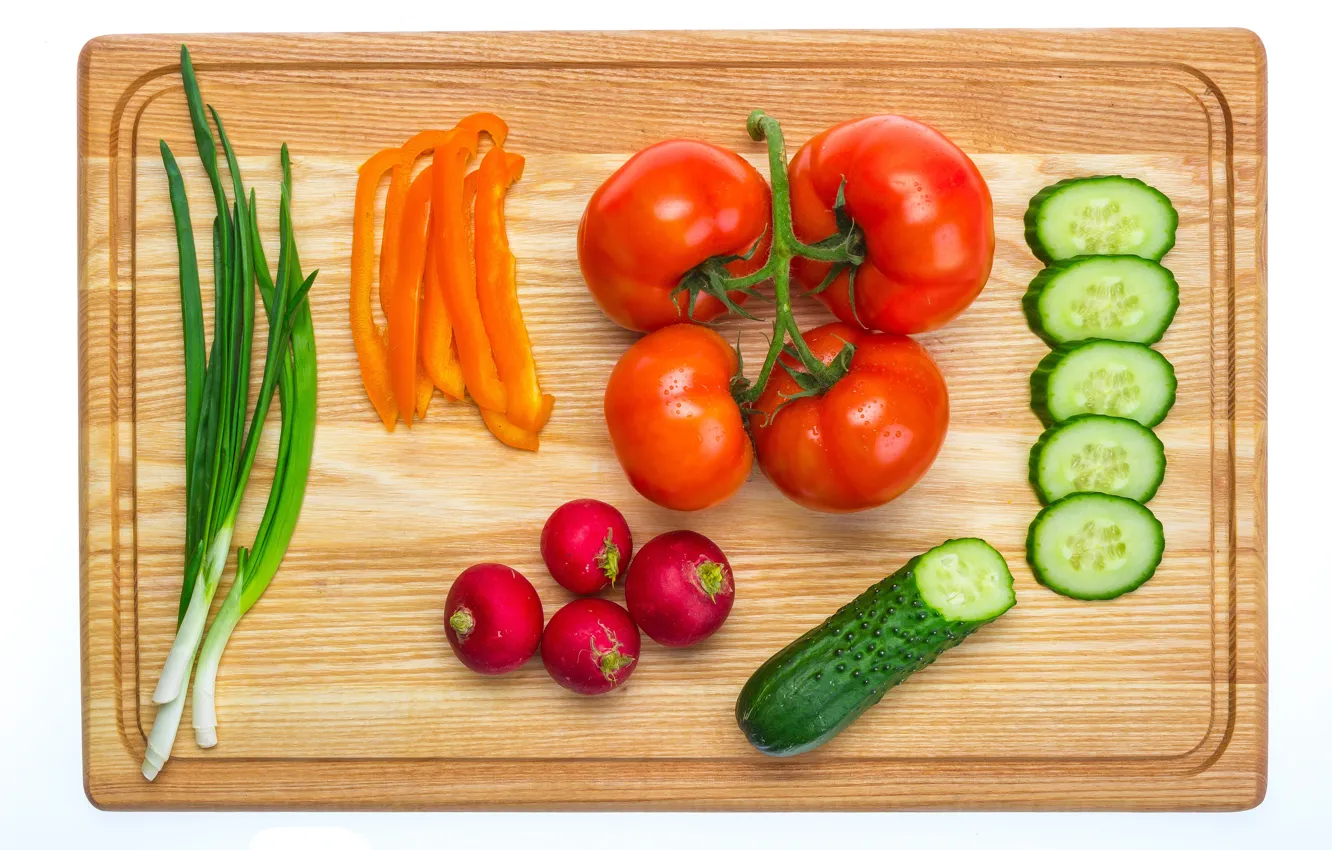 Photo wallpaper bow, Board, tomatoes, cucumbers, radishes