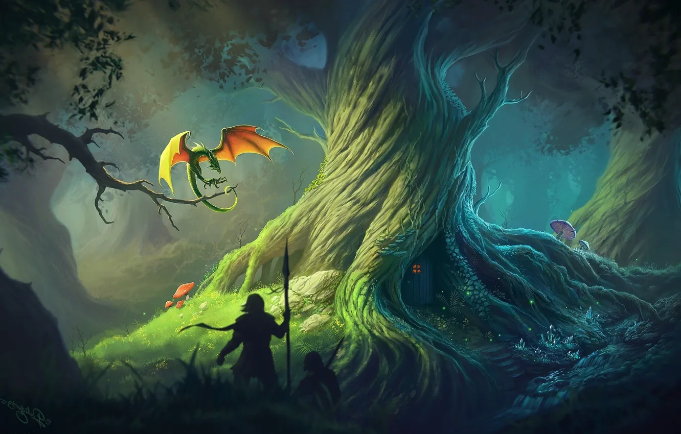 Photo wallpaper forest, man, dragon, knight, spear