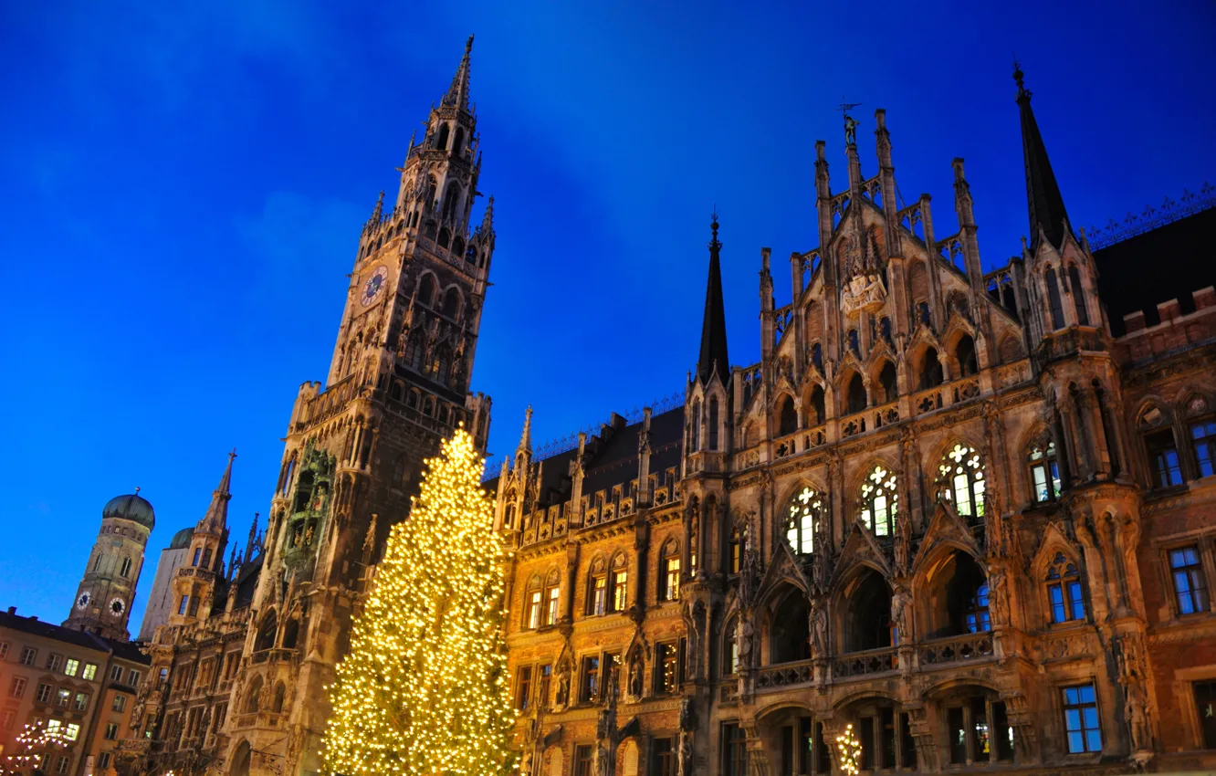 Photo wallpaper the sky, lights, the evening, Germany, Munich, Christmas, town hall, Marienplatz