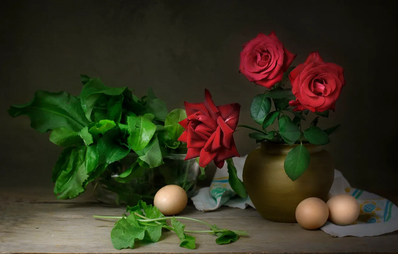 Photo wallpaper roses, eggs, still life