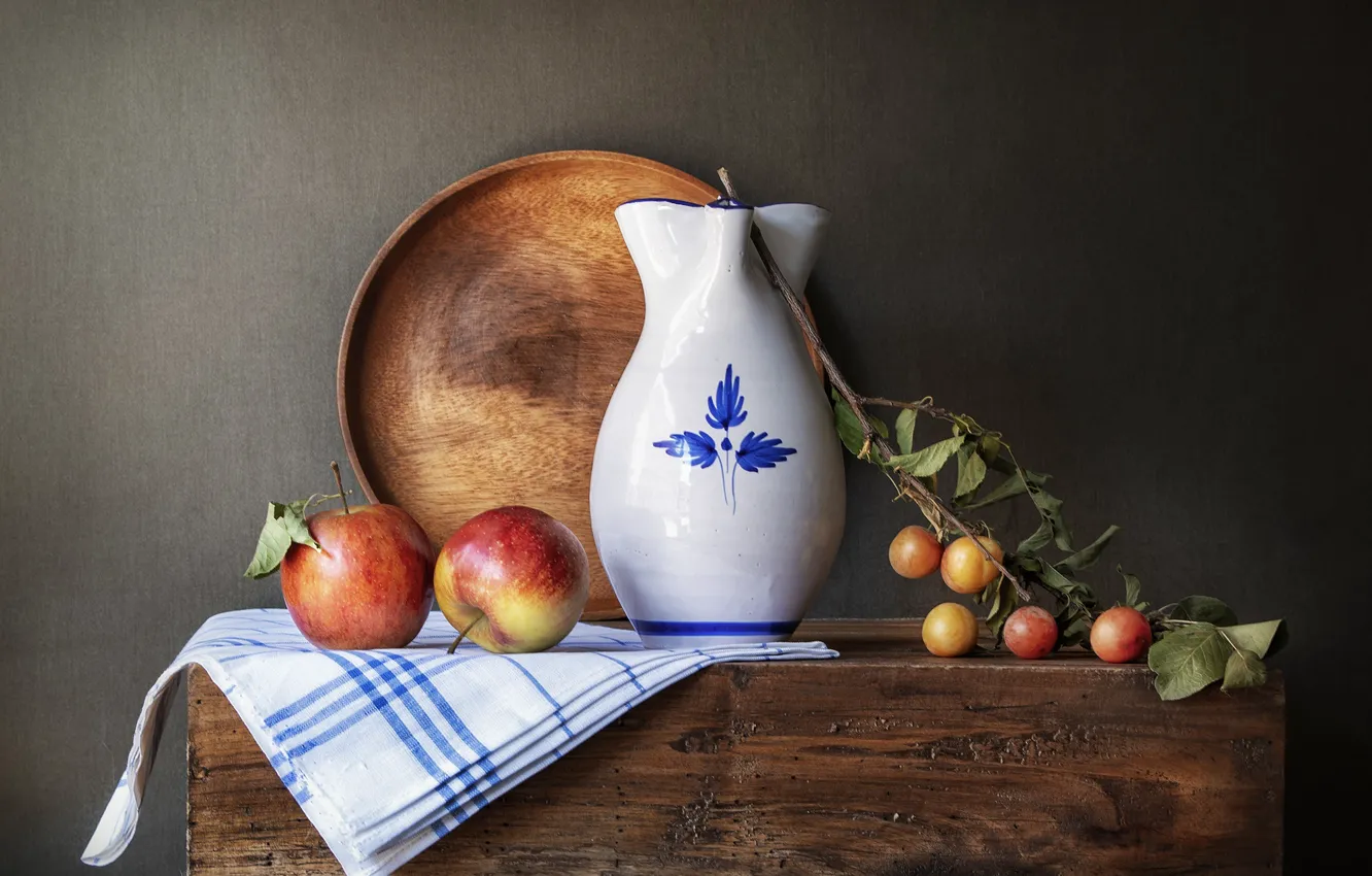 Photo wallpaper leaves, branches, apples, fruit, pitcher, fruit, still life, box