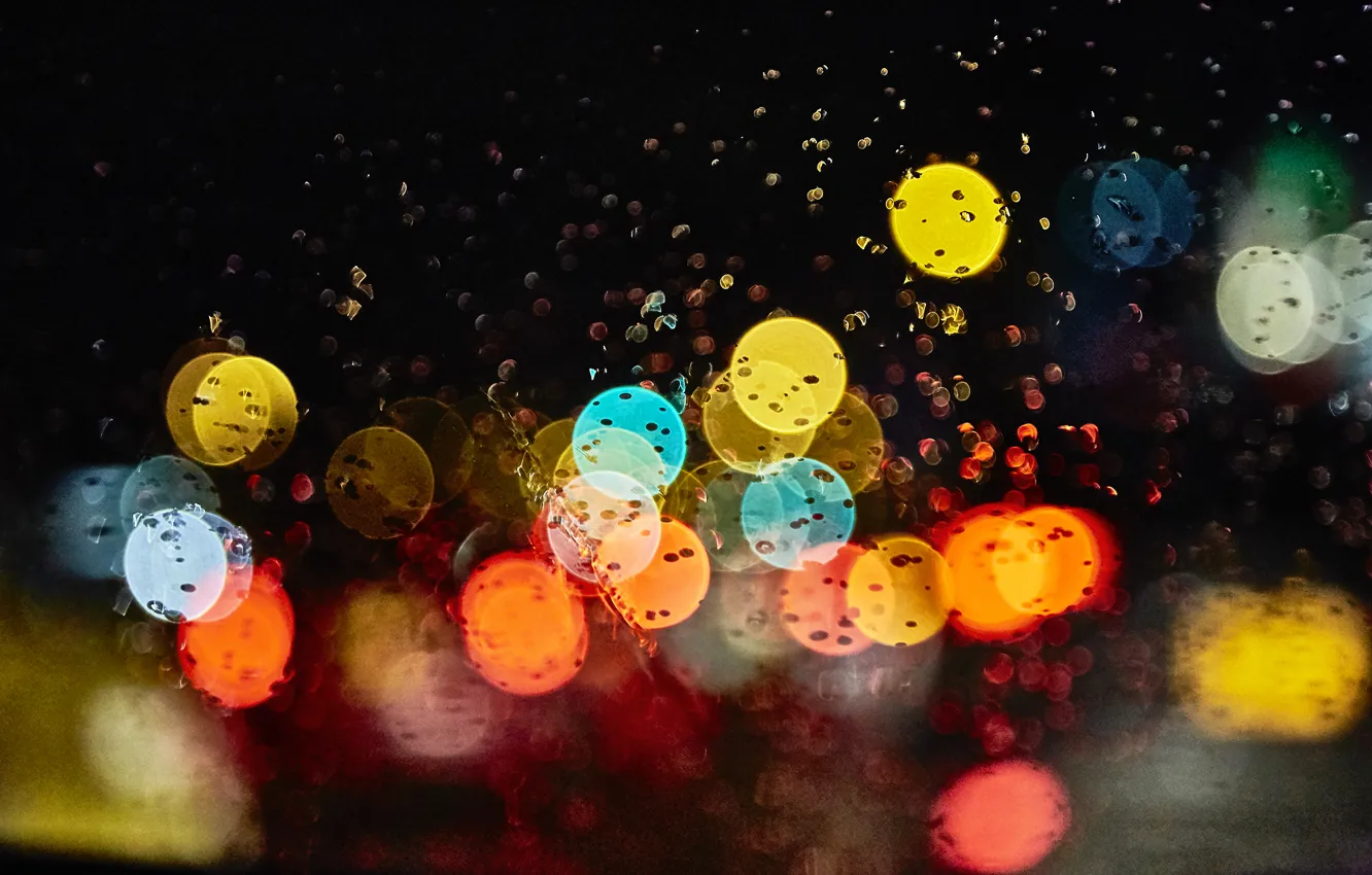 Photo wallpaper glass, drops, macro, night, glare, rain, Lights, bokeh