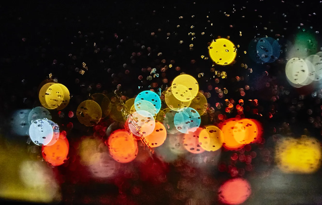Photo wallpaper glass, drops, macro, night, lights, glare, rain, bokeh