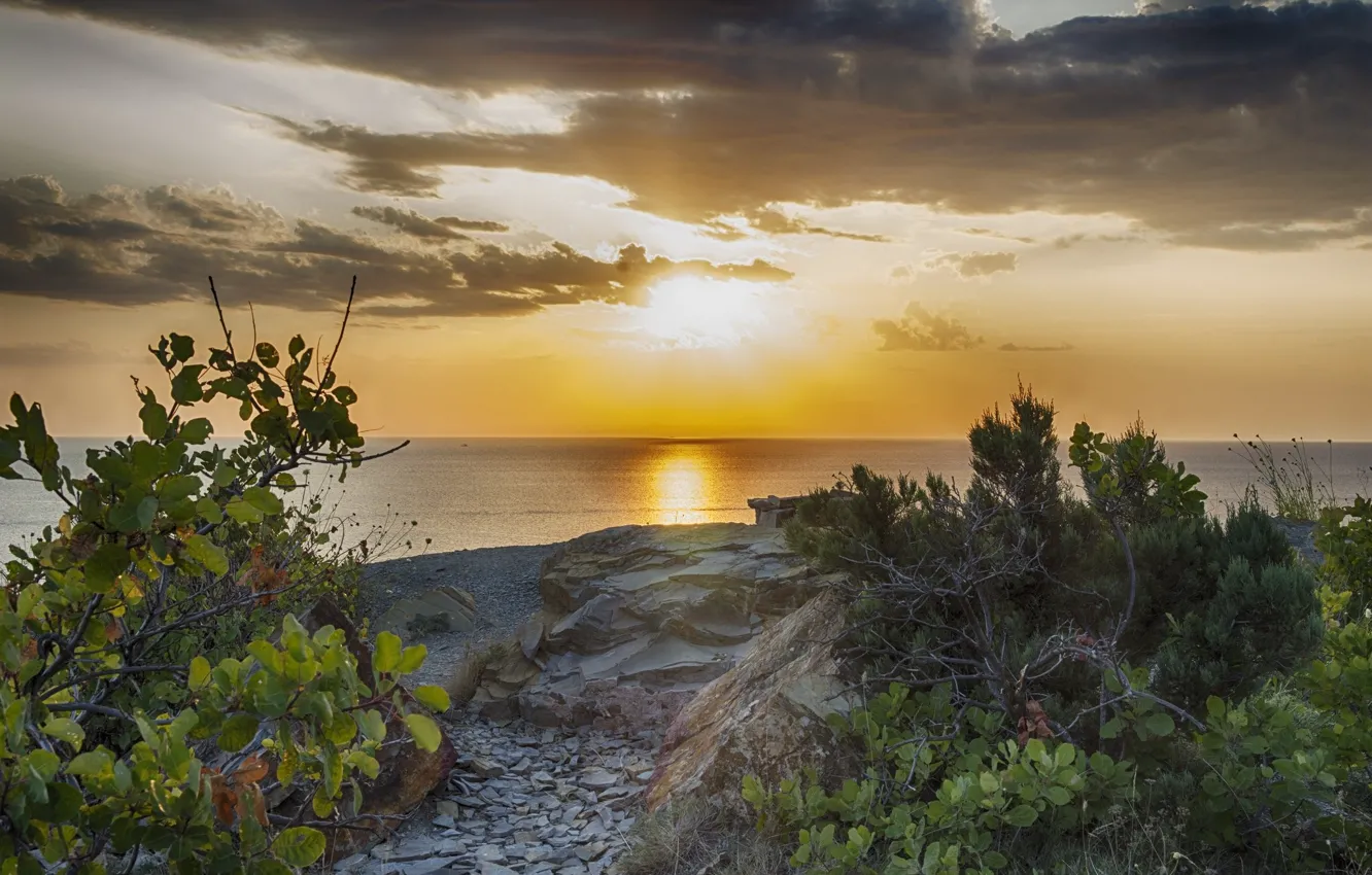 Photo wallpaper sea, landscape, sunset, shore