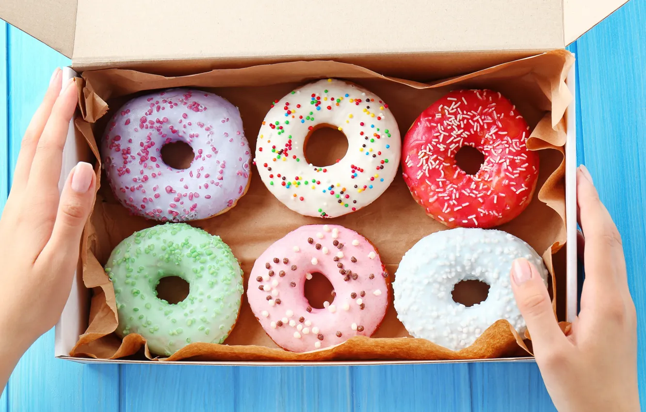 Photo wallpaper box, hands, donuts, dessert, raznotsvet, sweet