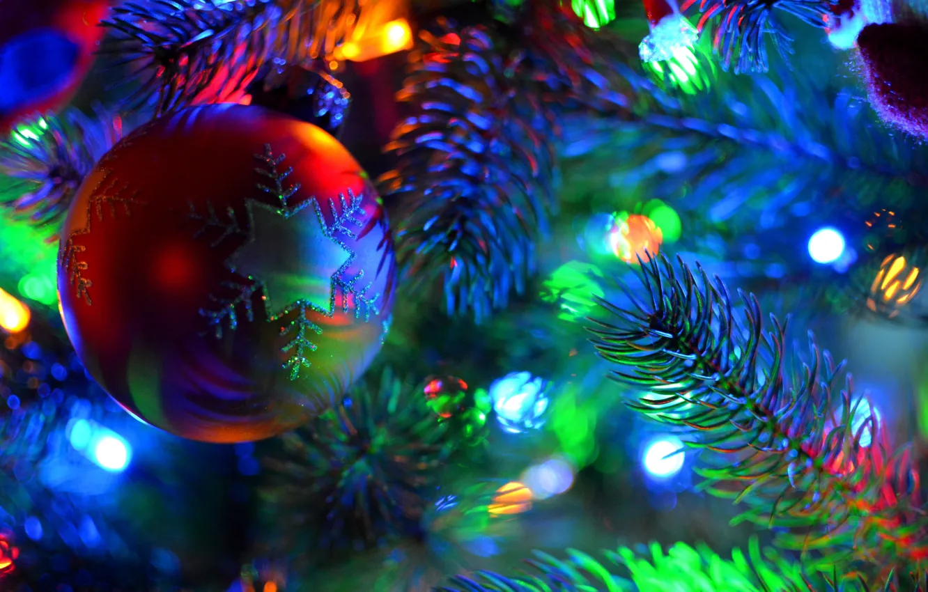 Photo wallpaper decoration, needles, branches, lights, holiday, balls, tree, garland