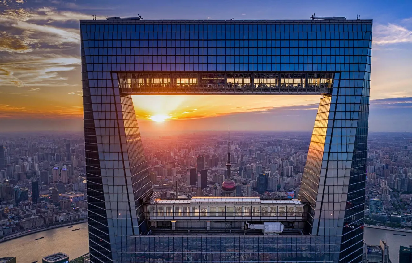 Photo wallpaper sunset, home, panorama, China, Shanghai, Shanghai world financial center