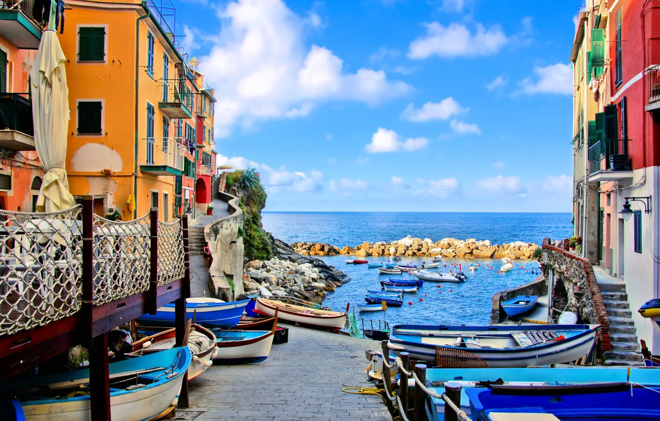 Photo wallpaper sea, coast, Villa, boats, Italy, houses, Riomaggiore, travel
