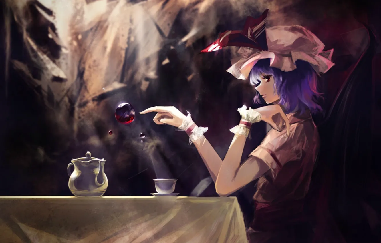 Photo wallpaper red eyes, in the dark, vampire, Touhou Project, Remilia Scarlet, black magic, a drop of …