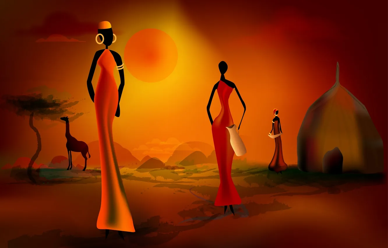 Photo wallpaper sunset, woman, silhouette, Africa, hut