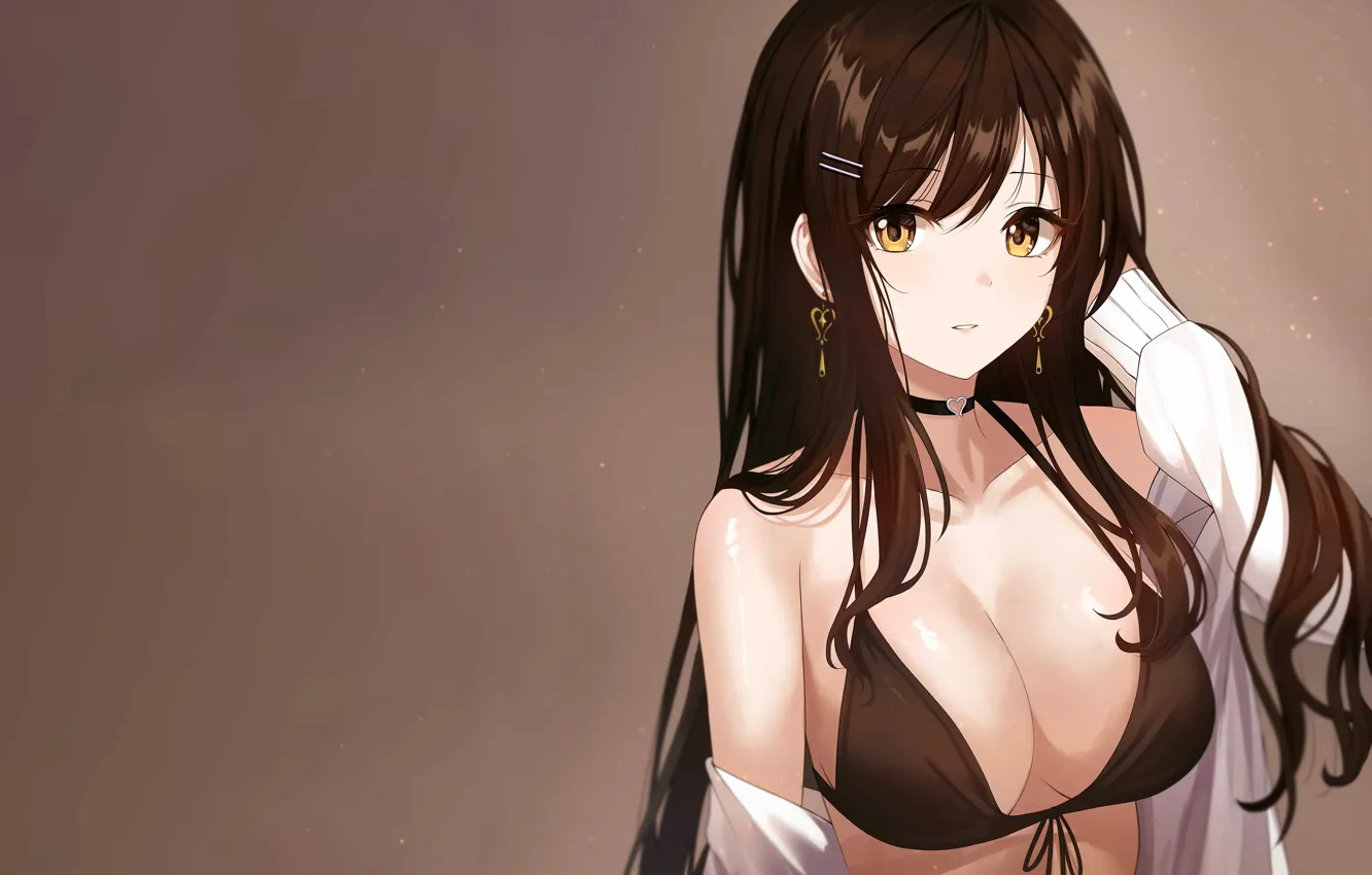 Photo wallpaper girl, sexy, cleavage, long hair, brown hair, boobs, anime, beautiful
