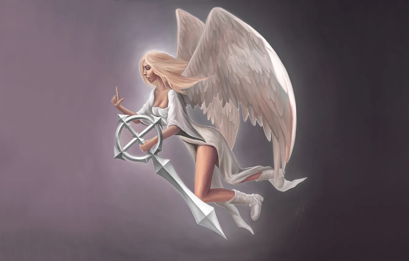 Photo wallpaper girl, angel, sword, simple background