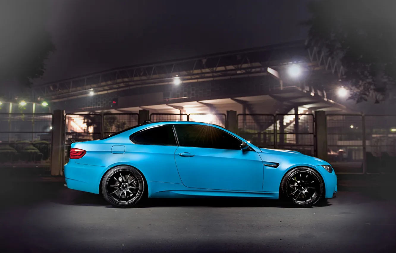Photo wallpaper machine, auto, trees, night, the city, tuning, the fence, BMW