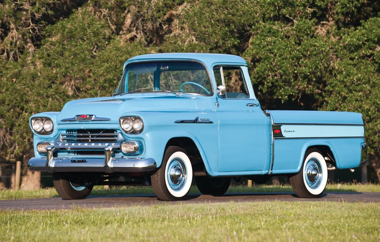 Photo wallpaper trees, background, blue, Chevrolet, Chevrolet, classic, pickup, the front