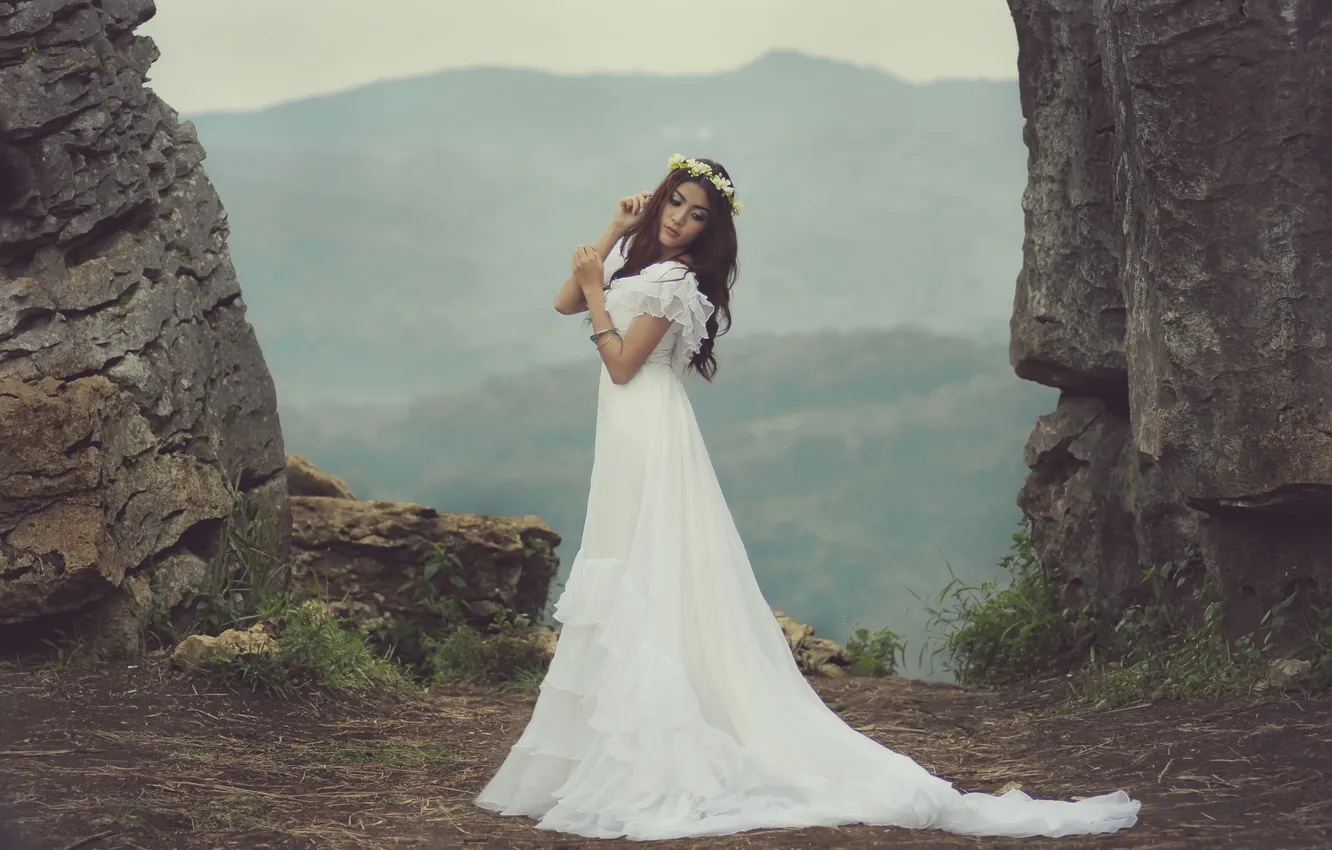 Photo wallpaper girl, pose, dress, brunette, Asian, wedding