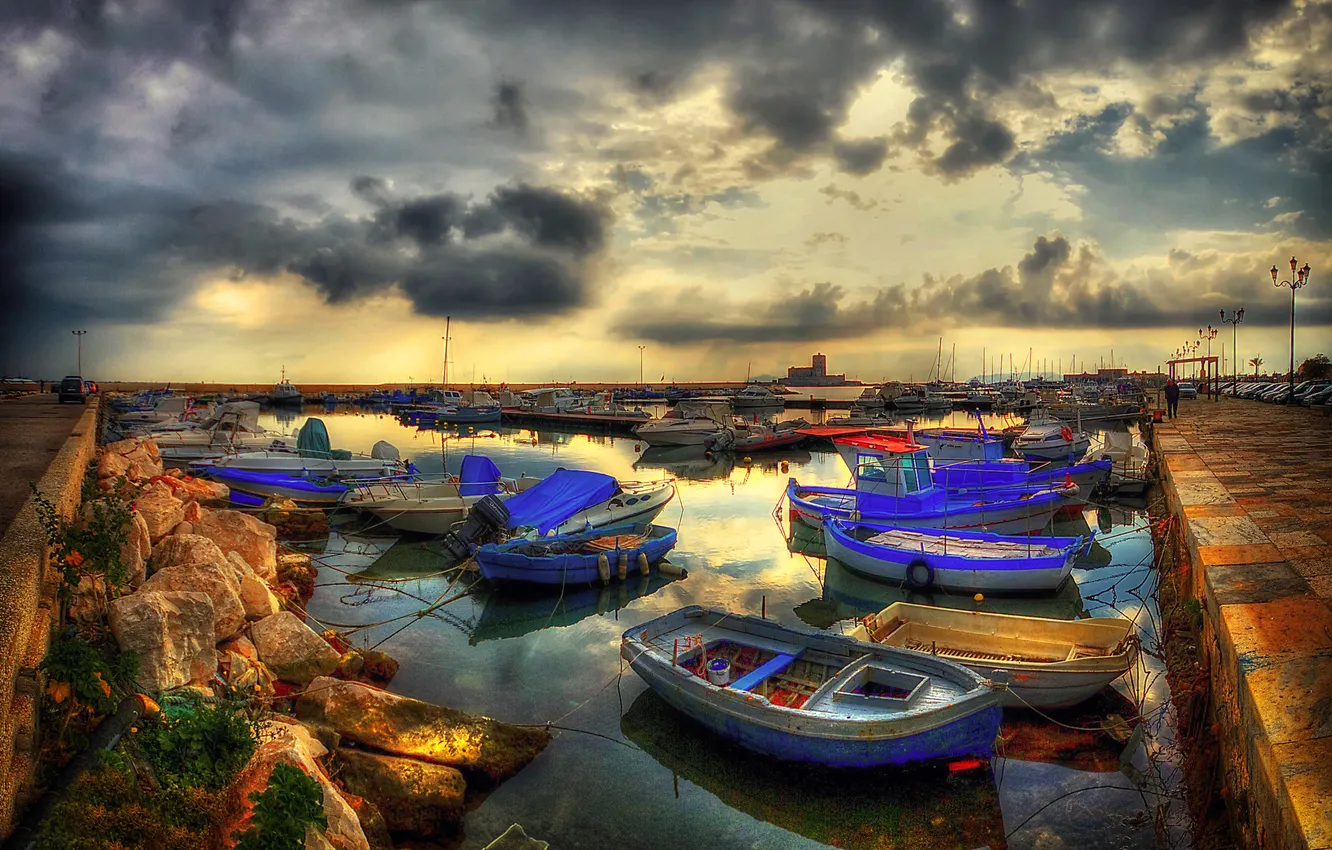 Photo wallpaper clouds, boat, tower, Bay, pier, harbour