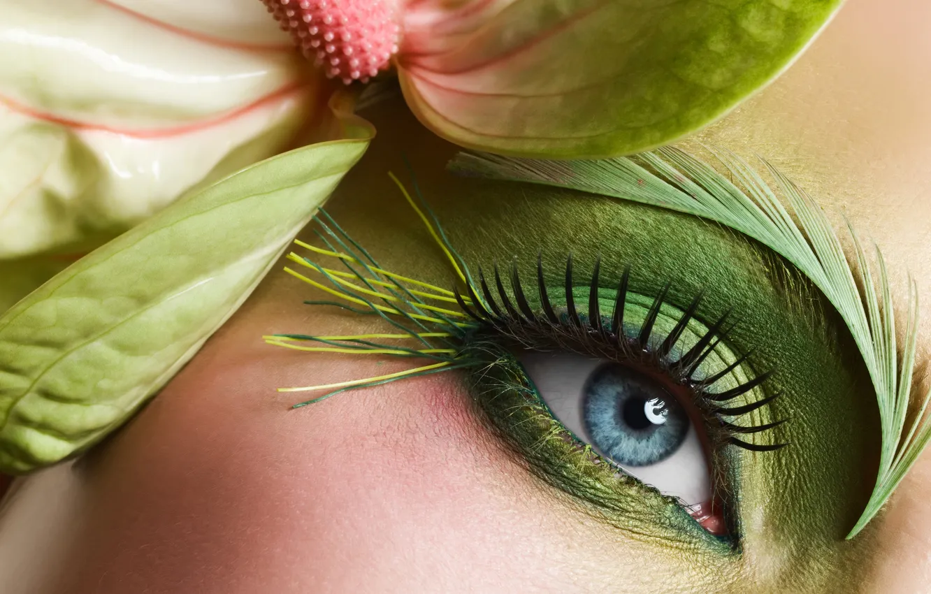 Photo wallpaper eyes, flowers, face, eyelashes, shadow, makeup, eyebrows