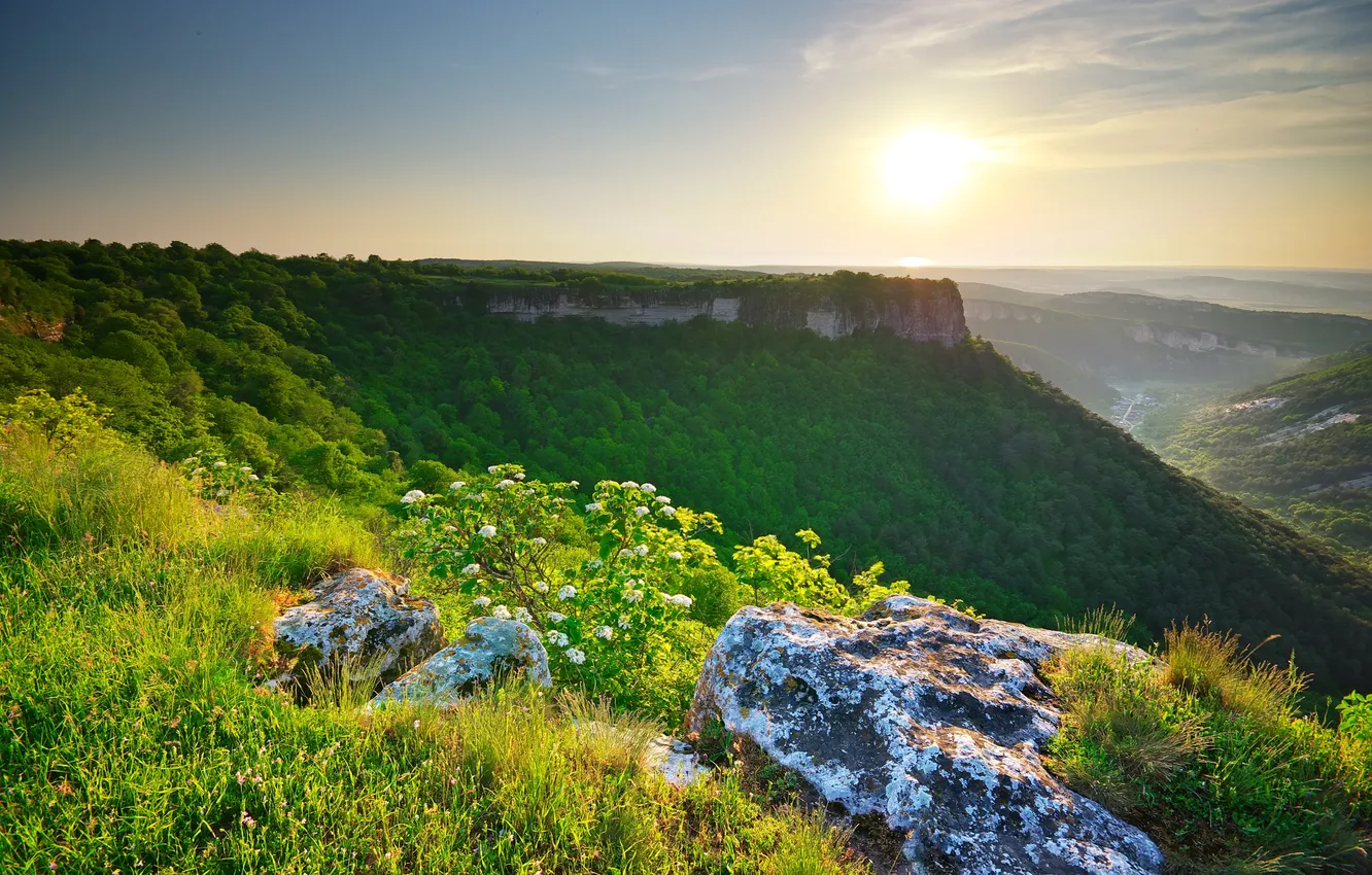 Photo wallpaper greens, grass, the sun, landscape, mountains, nature, stones, dawn