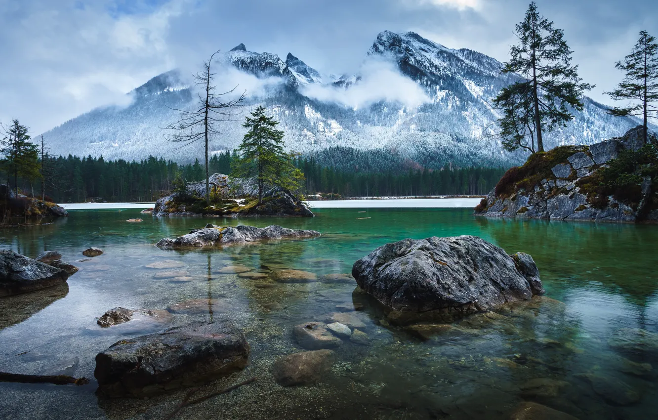 Photo wallpaper winter, forest, snow, mountains, lake, stones, rocks, shore